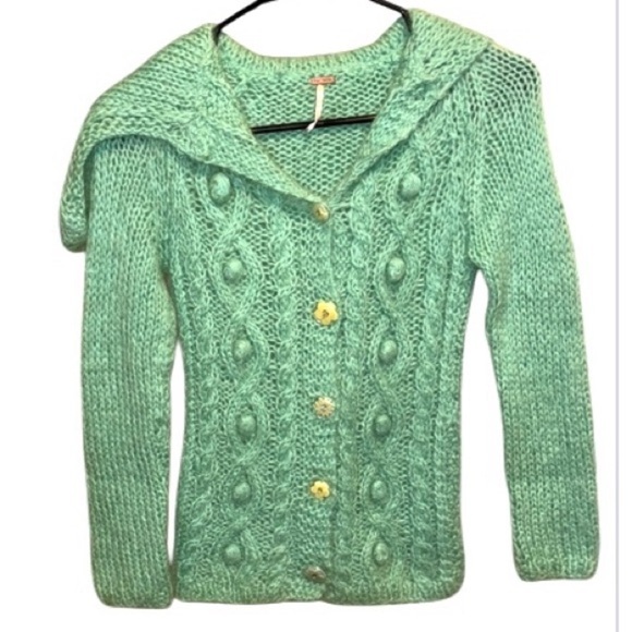 Free people sweater cardigan green sea foam floral buttons grannie core mohair - Picture 1 of 4